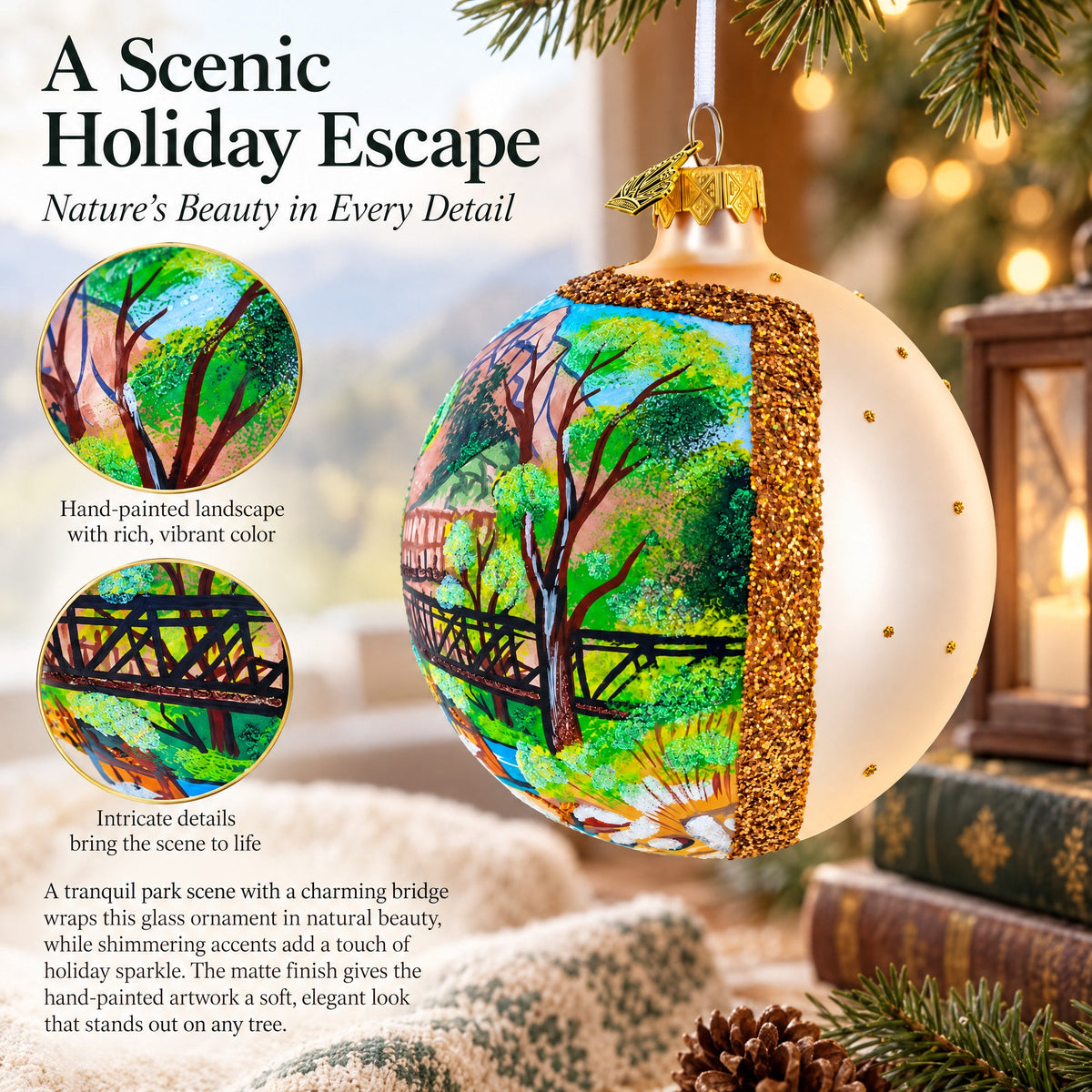 Bridge in the Mountain Park Painting Glass Ball Christmas Ornament 4 Inches