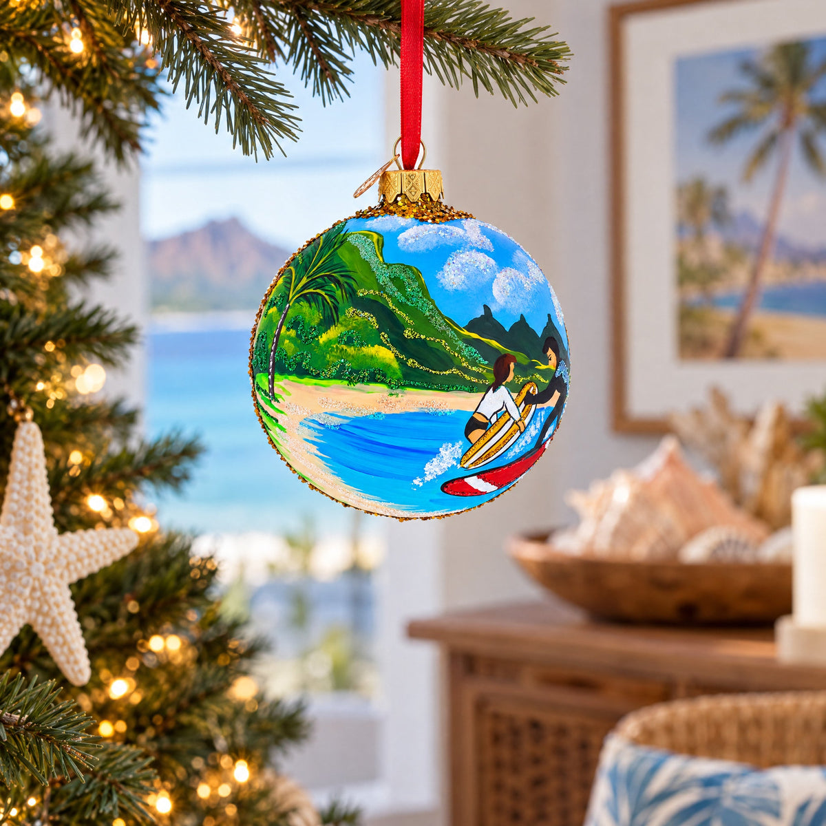 Surfers at Hawaii Beach Glass Ball Christmas Ornament 4 Inches