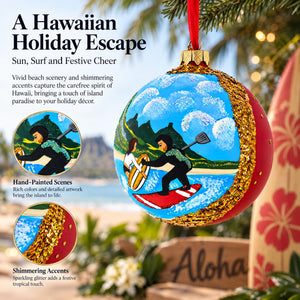 Surfers at Hawaii Beach Glass Ball Christmas Ornament 4 Inches