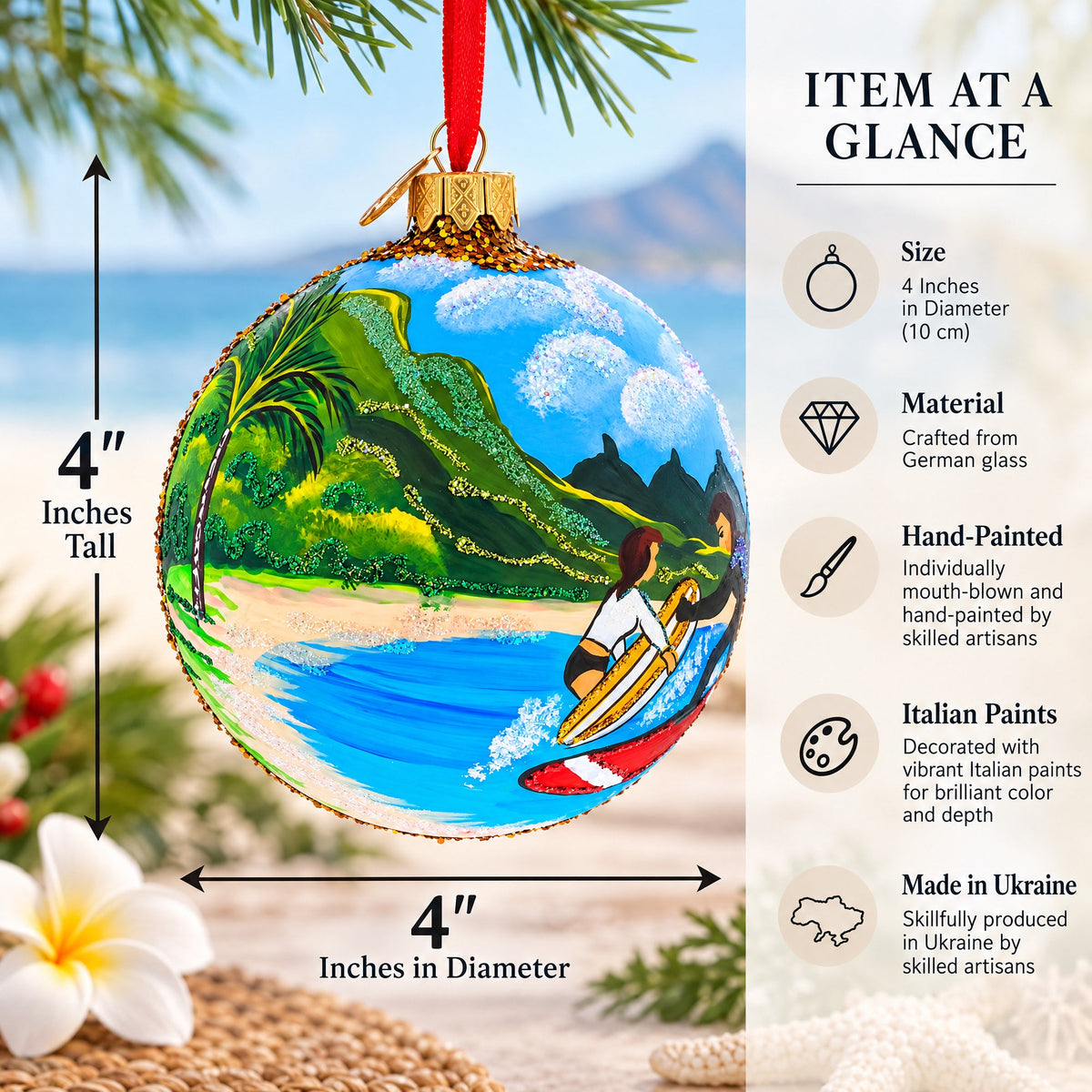 Surfers at Hawaii Beach Glass Ball Christmas Ornament 4 Inches
