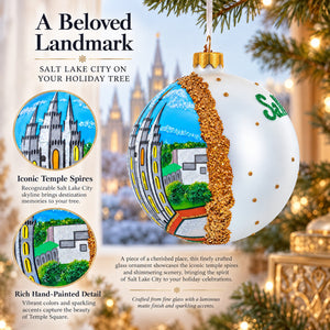 Temple Square, Salt Lake City, Utah Glass Ball Christmas Ornament 4 Inches