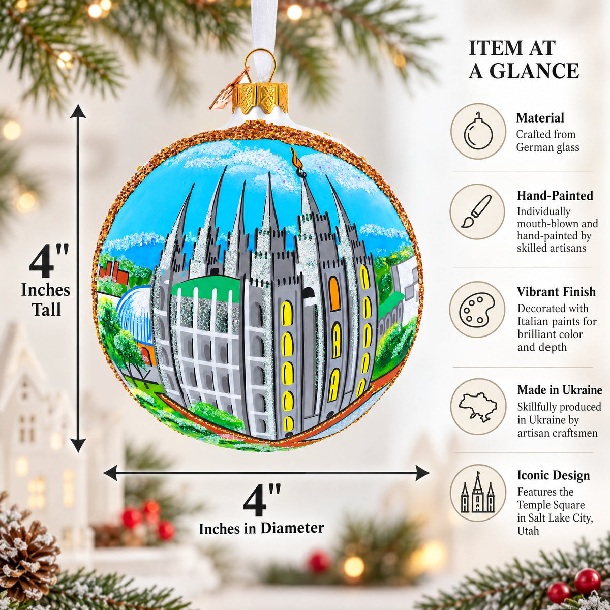 Temple Square, Salt Lake City, Utah Glass Ball Christmas Ornament 4 Inches