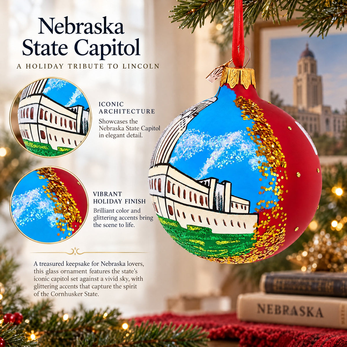 Nebraska State Capitol,  Lincoln, Nebraska Glass Ball Christmas Ornament 3.25 Inches