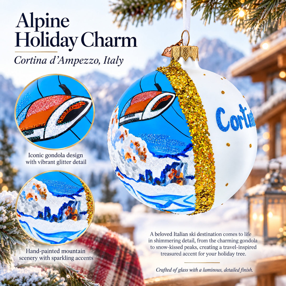 Cortina d'Ampezzo Ski Resort, Italy Glass Ball Christmas Ornament 4 Inches