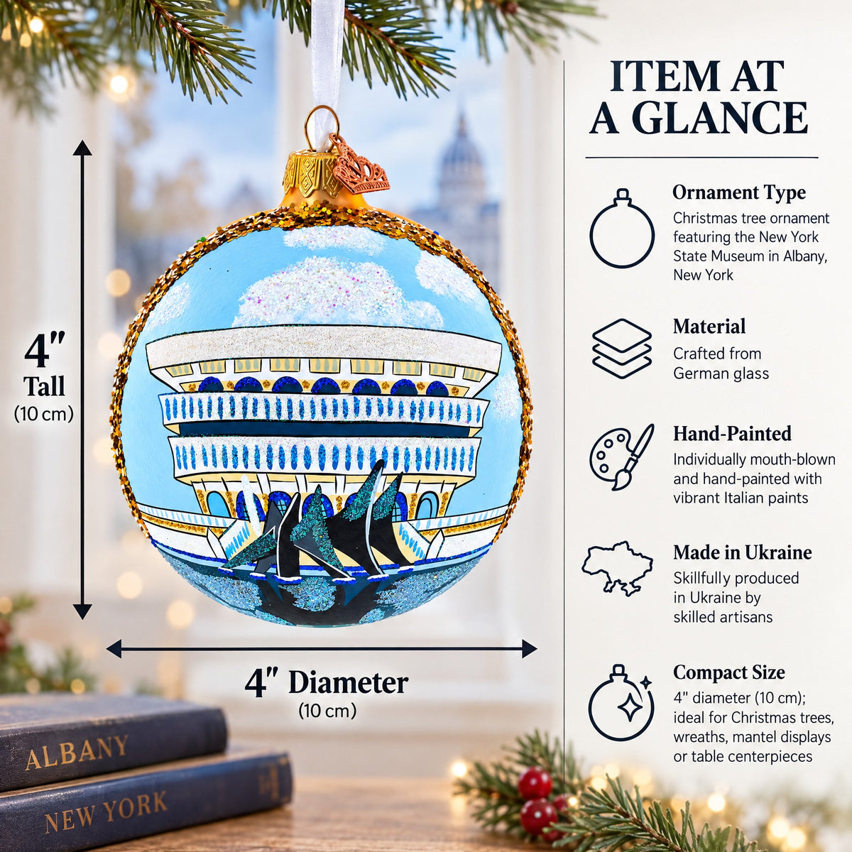 New York State Museum, Albany, New York Glass Ball Christmas Ornament 4 Inches
