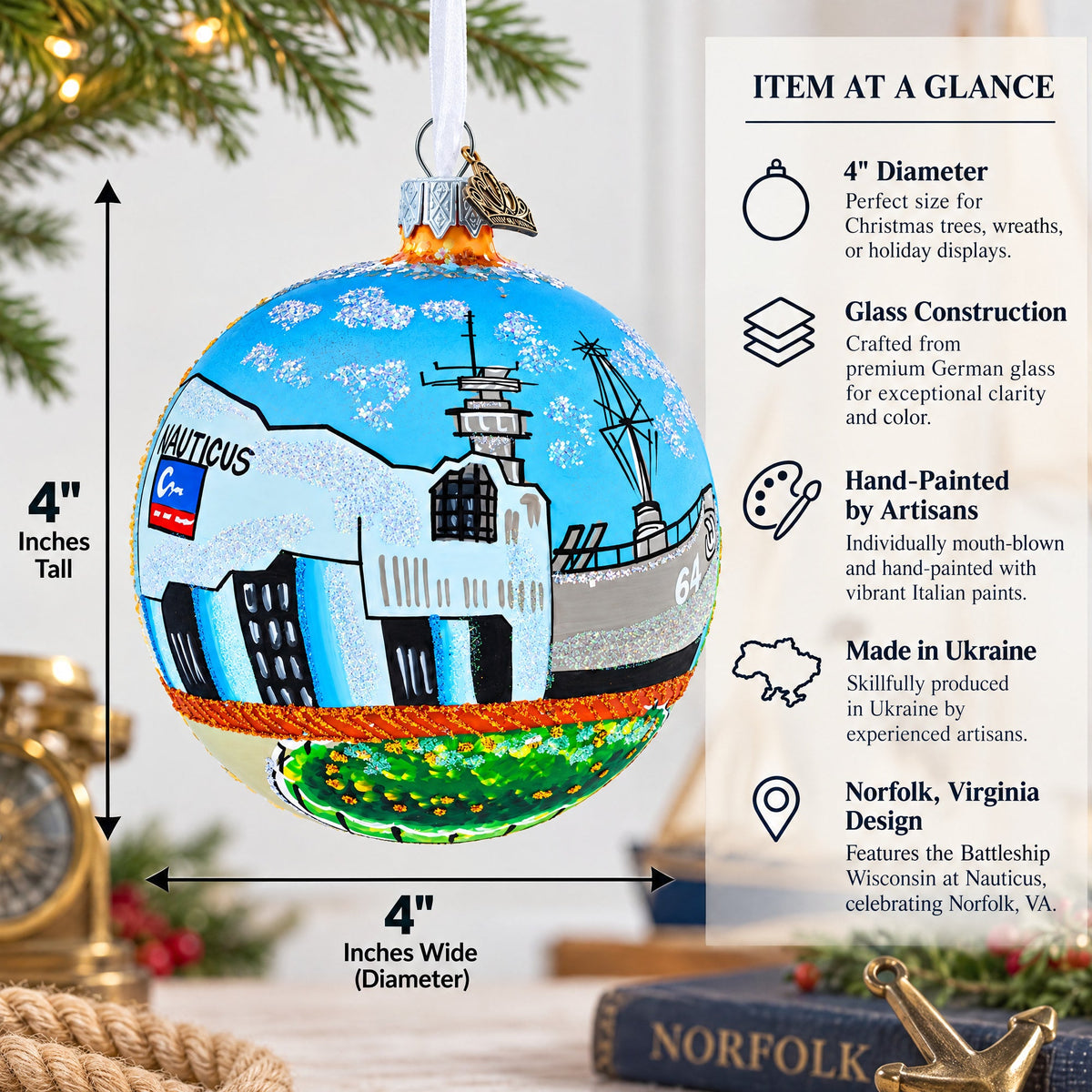 Battleship Wisconsin at Nautilus, Norfolk, Virginia Glass Ball Christmas Ornament 4 Inches