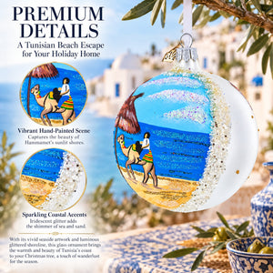 Beach at Hammamet, Tunisia Glass Ball Christmas Ornament 4 Inches
