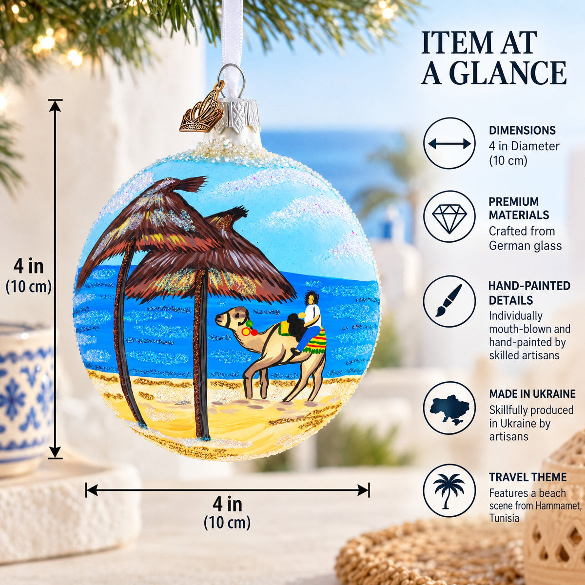 Beach at Hammamet, Tunisia Glass Ball Christmas Ornament 4 Inches