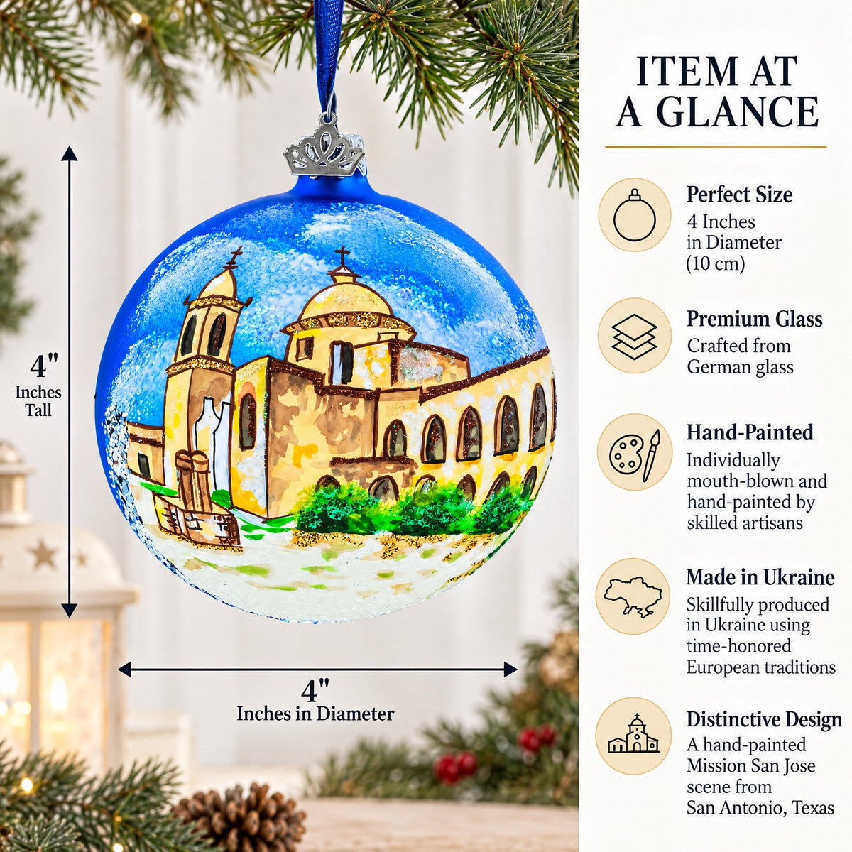 Mission San Jose, San Antonio, Texas Glass Ball Christmas Ornament 4 Inches