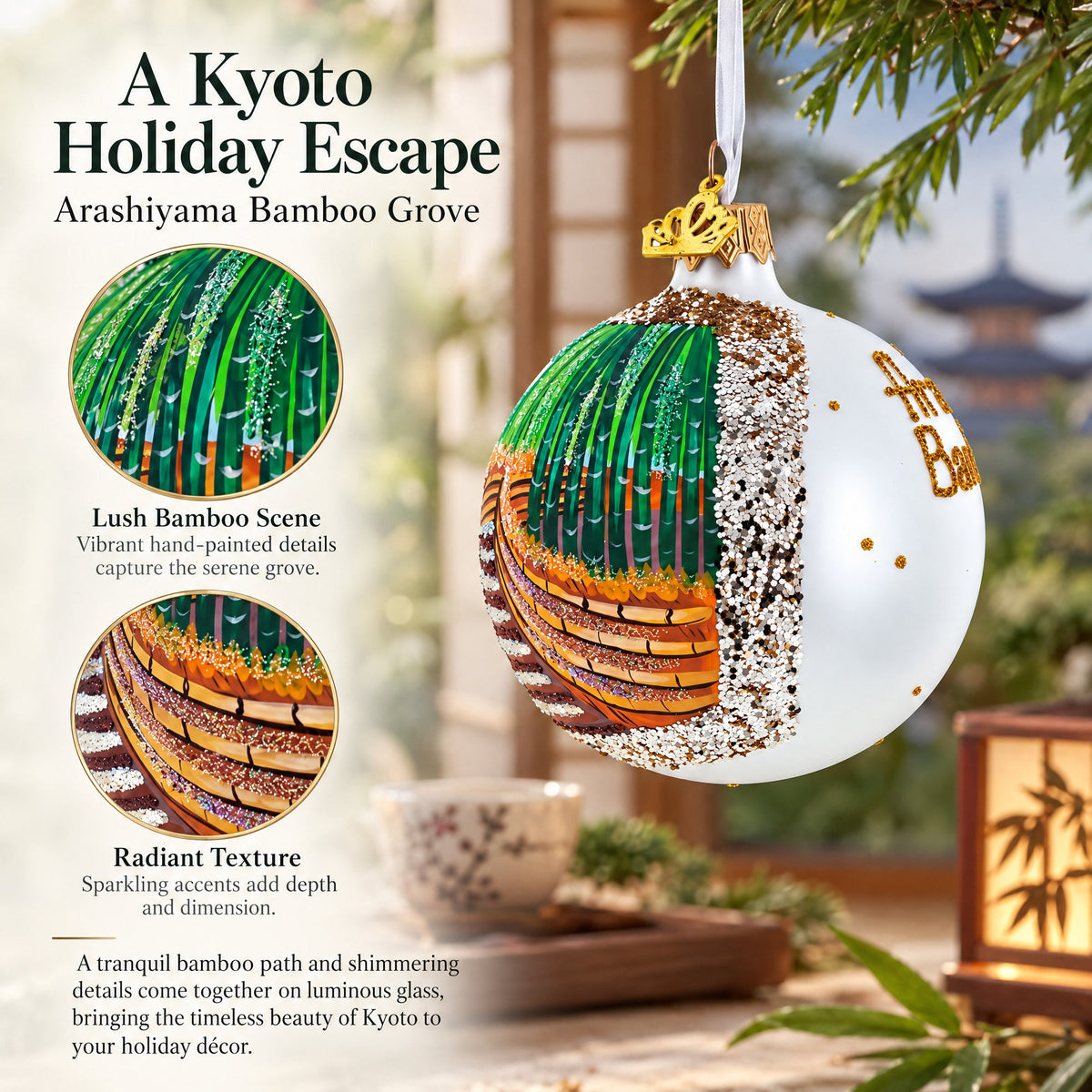 Arashiyama Bamboo Grove, Kyoto, Japan Glass Christmas Ornament