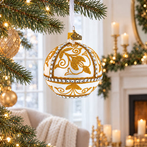 Jeweled Golden Chandelier on Silver Glass Ball Christmas Ornament 3.25 Inches