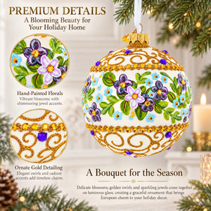 Flowers Swirl Glass Ball Christmas Ornament 4 Inches