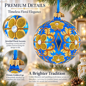 Jeweled Golden Leaves on Blue Glass  Ball Christmas Ornament 4 Inches