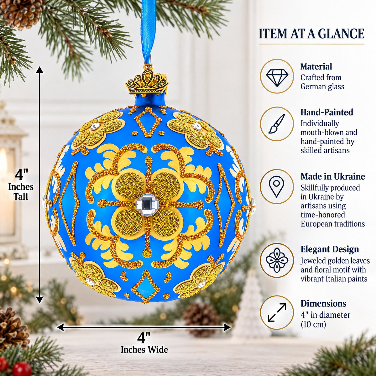 Jeweled Golden Leaves on Blue Glass  Ball Christmas Ornament 4 Inches
