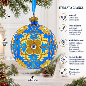 Jeweled Golden Leaves on Blue Glass  Ball Christmas Ornament 4 Inches