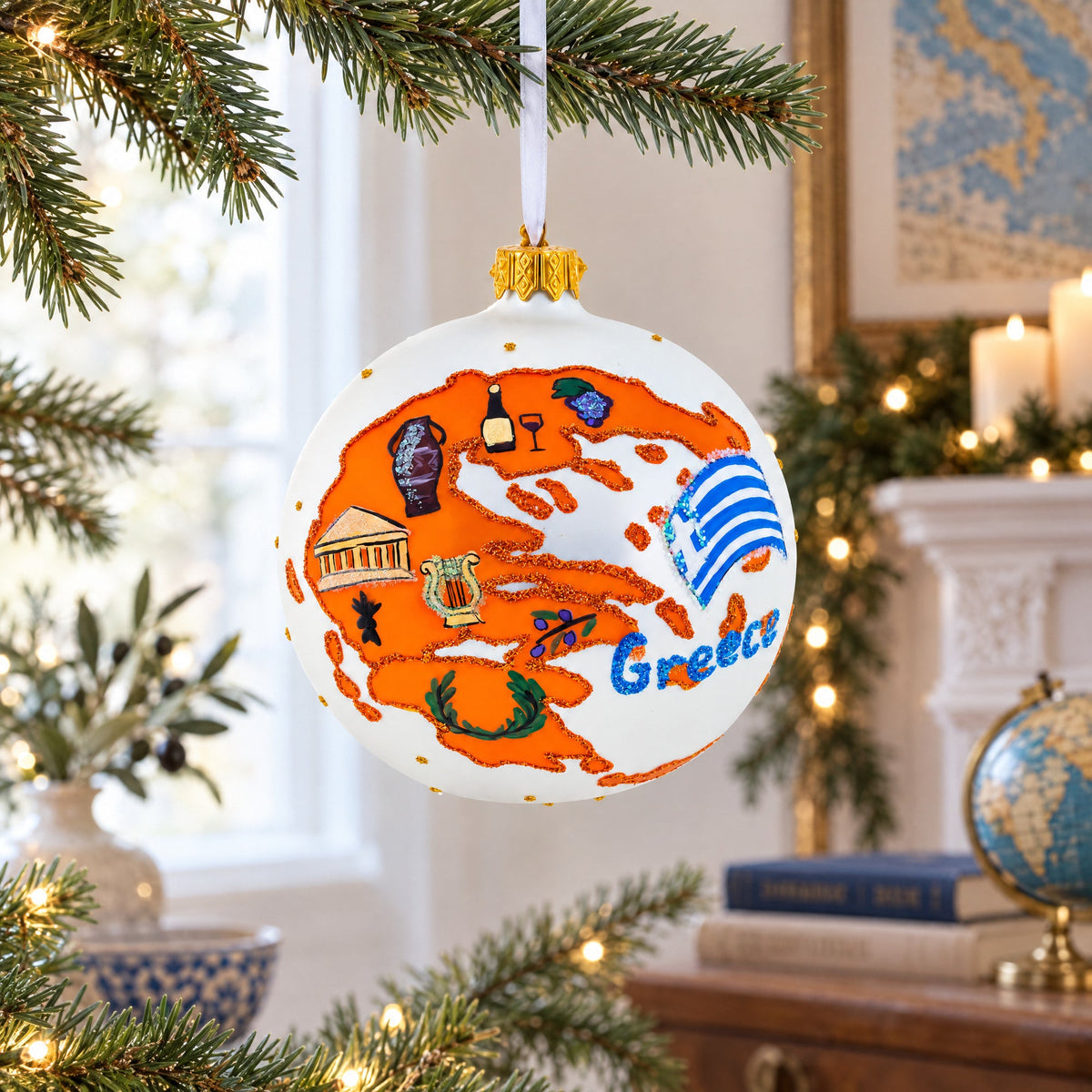 Greece Landmarks and Symbols Glass Ball Christmas Ornament 4 Inches