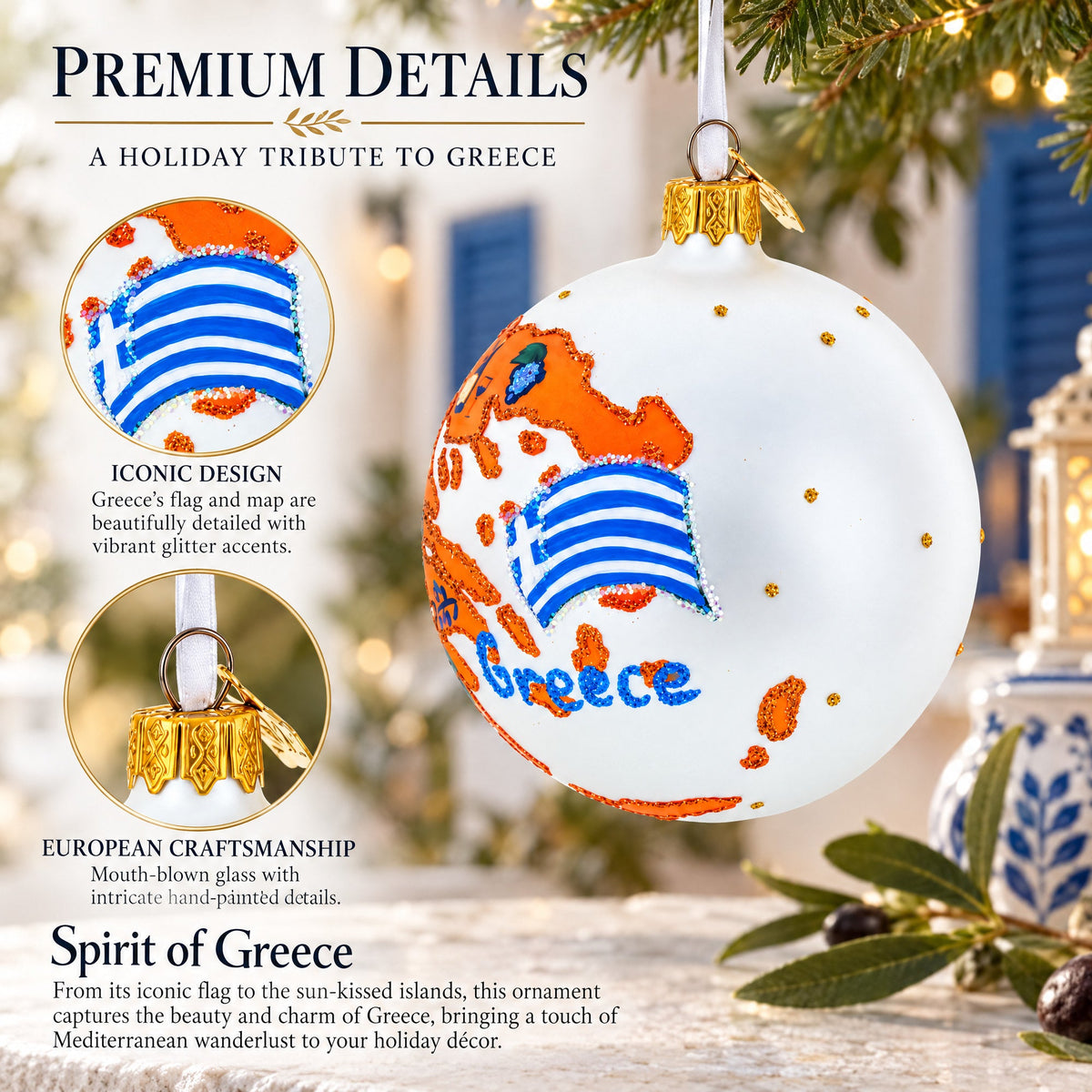 Greece Landmarks and Symbols Glass Ball Christmas Ornament 4 Inches
