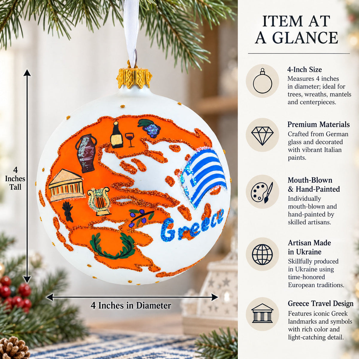 Greece Landmarks and Symbols Glass Ball Christmas Ornament 4 Inches