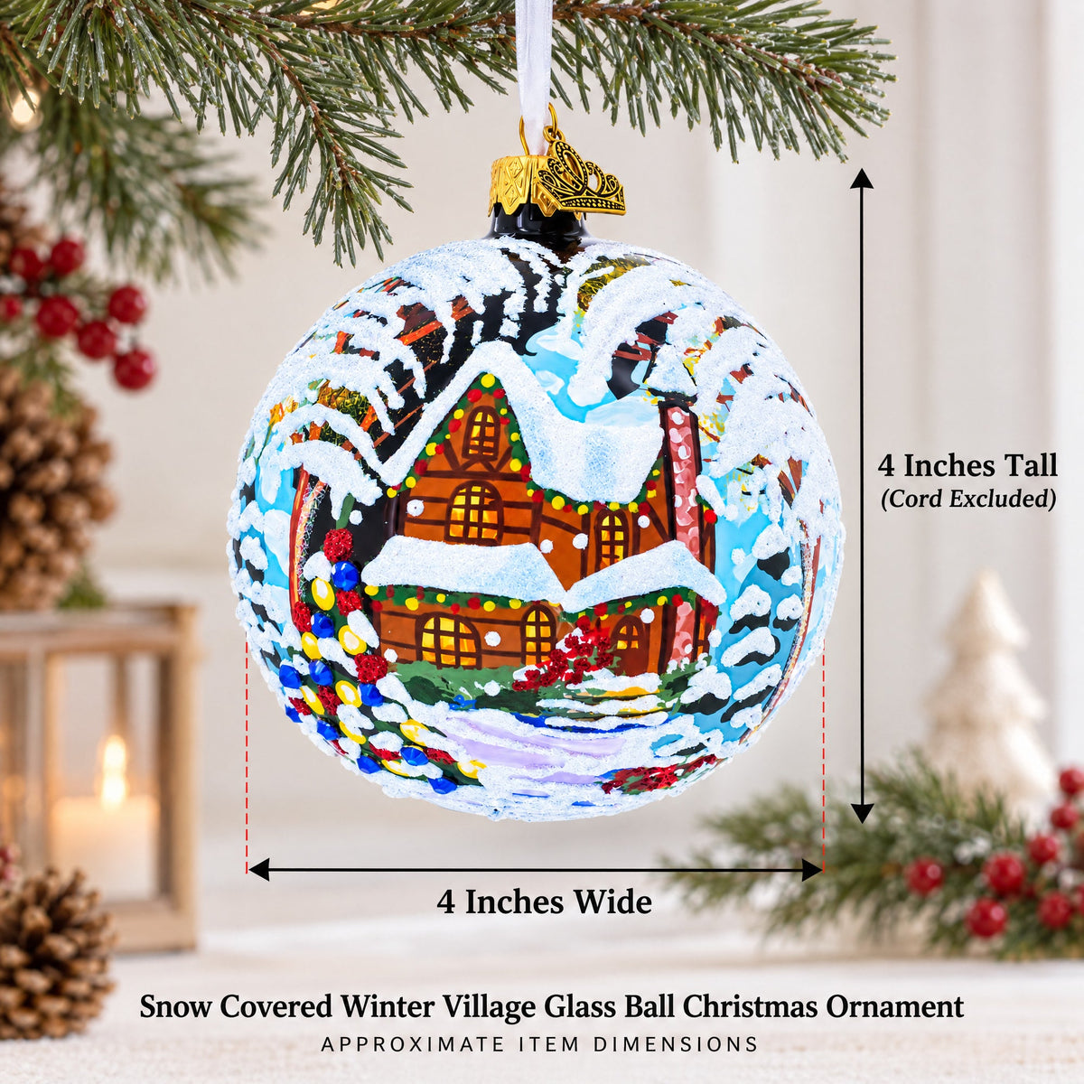 Snow Covered Winter Village Glass Ball Christmas Ornament 4 Inches