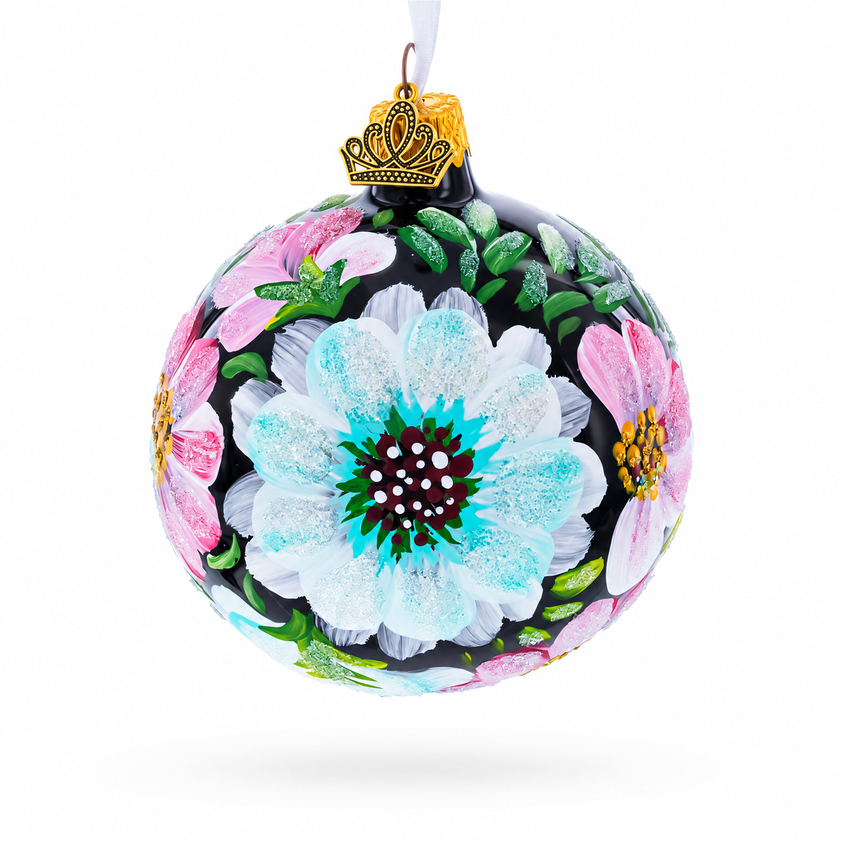 Pink and White Floral Blossoms Glass Ball Christmas Ornament 3.25 Inches