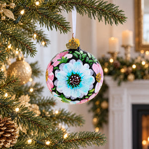 Pink and White Floral Blossoms Glass Ball Christmas Ornament 3.25 Inches