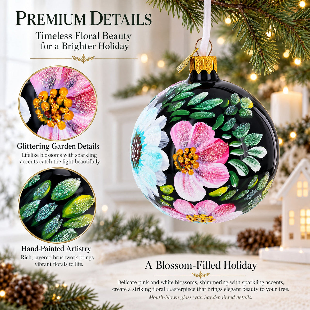 Pink and White Floral Blossoms Glass Ball Christmas Ornament 3.25 Inches