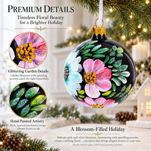 Pink and White Floral Blossoms Glass Ball Christmas Ornament 3.25 Inches
