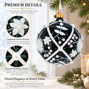 Pearl-Encrusted White Floral Design on Black Glass Ball Christmas Ornament 4 Inches