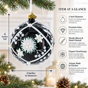 Pearl-Encrusted White Floral Design on Black Glass Ball Christmas Ornament 4 Inches
