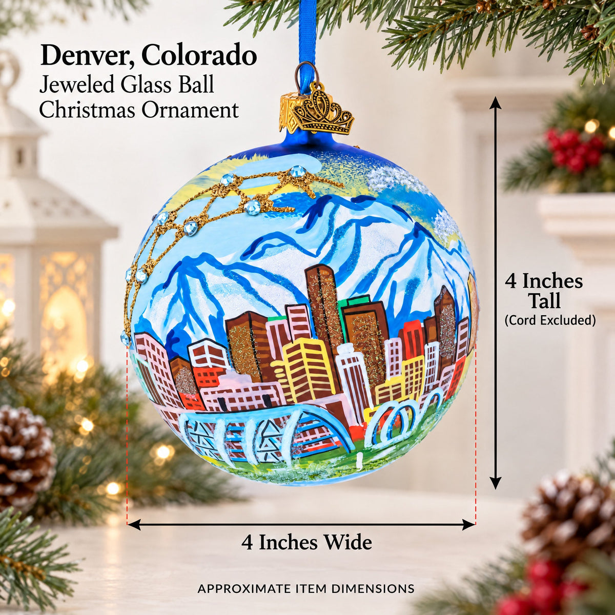 Denver, Colorado Jeweled Glass Ball Christmas Ornament 4 Inches
