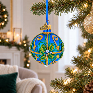 Green & Gold Glitter Pearls & Floral Accents Blue Glass Ball Christmas Ornament 2.4 Inches