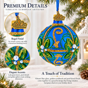 Green & Gold Glitter Pearls & Floral Accents Blue Glass Ball Christmas Ornament 2.4 Inches