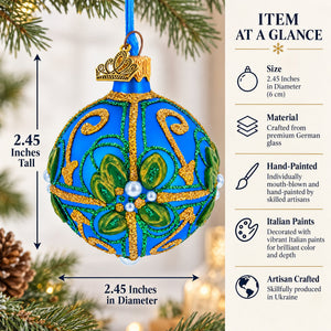 Green & Gold Glitter Pearls & Floral Accents Blue Glass Ball Christmas Ornament 2.4 Inches