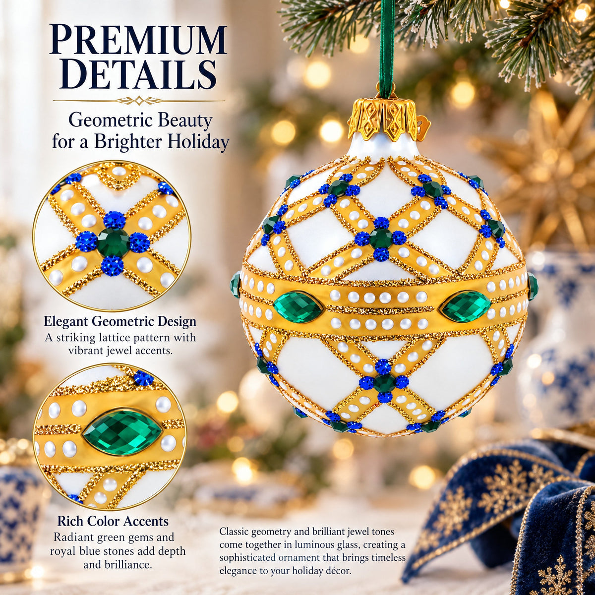 Yellow Trellis, Green Gems & Royal Blue Accents Glass Ball Christmas Ornament 2.4 Inches