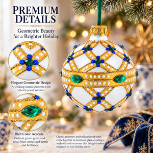 Yellow Trellis, Green Gems & Royal Blue Accents Glass Ball Christmas Ornament 2.4 Inches