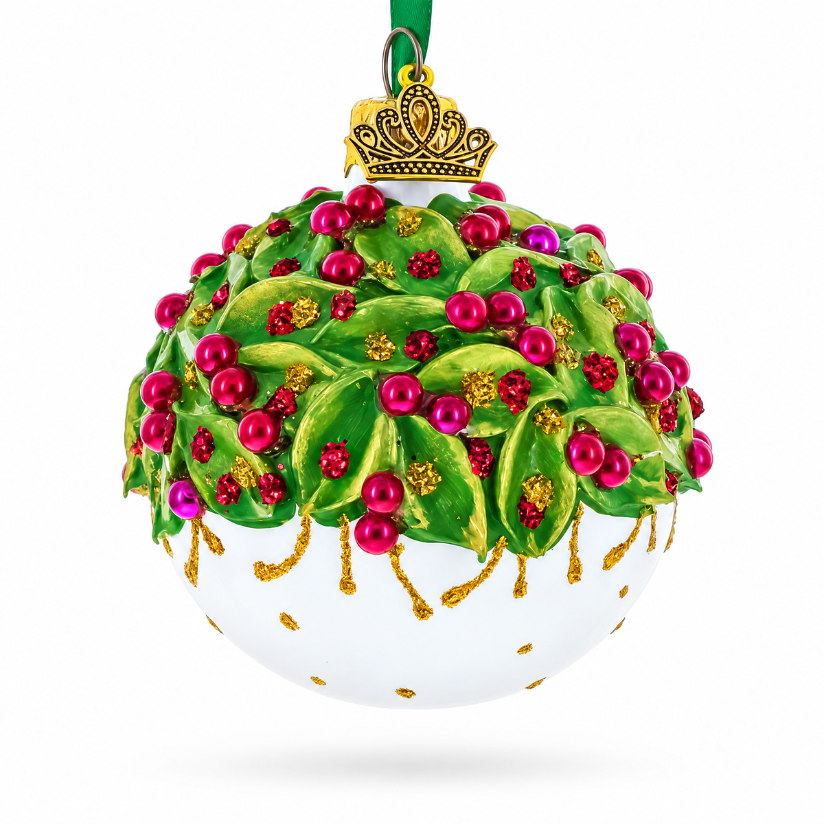 Red Pearls and Poinsettia Flowers on Glossy White Glass Ball Christmas Ornament 2.4 Inches