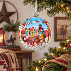 Fort Worth Stockyards, Texas Glass Ball Christmas Ornament 4 Inches
