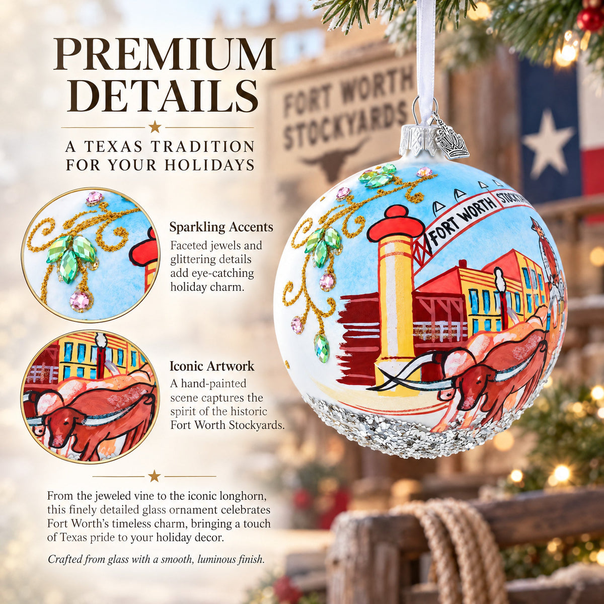 Fort Worth Stockyards, Texas Glass Ball Christmas Ornament 4 Inches