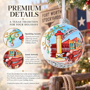 Fort Worth Stockyards, Texas Glass Ball Christmas Ornament 4 Inches