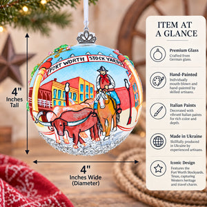 Fort Worth Stockyards, Texas Glass Ball Christmas Ornament 4 Inches