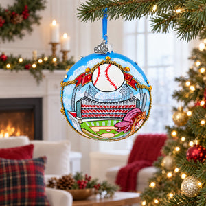 Baseball Stadium Scene Glass Ball Christmas Ornament 4 Inches