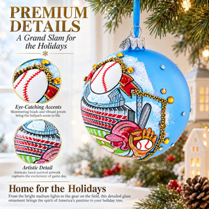 Baseball Stadium Scene Glass Ball Christmas Ornament 4 Inches