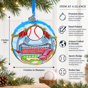 Baseball Stadium Scene Glass Ball Christmas Ornament 4 Inches