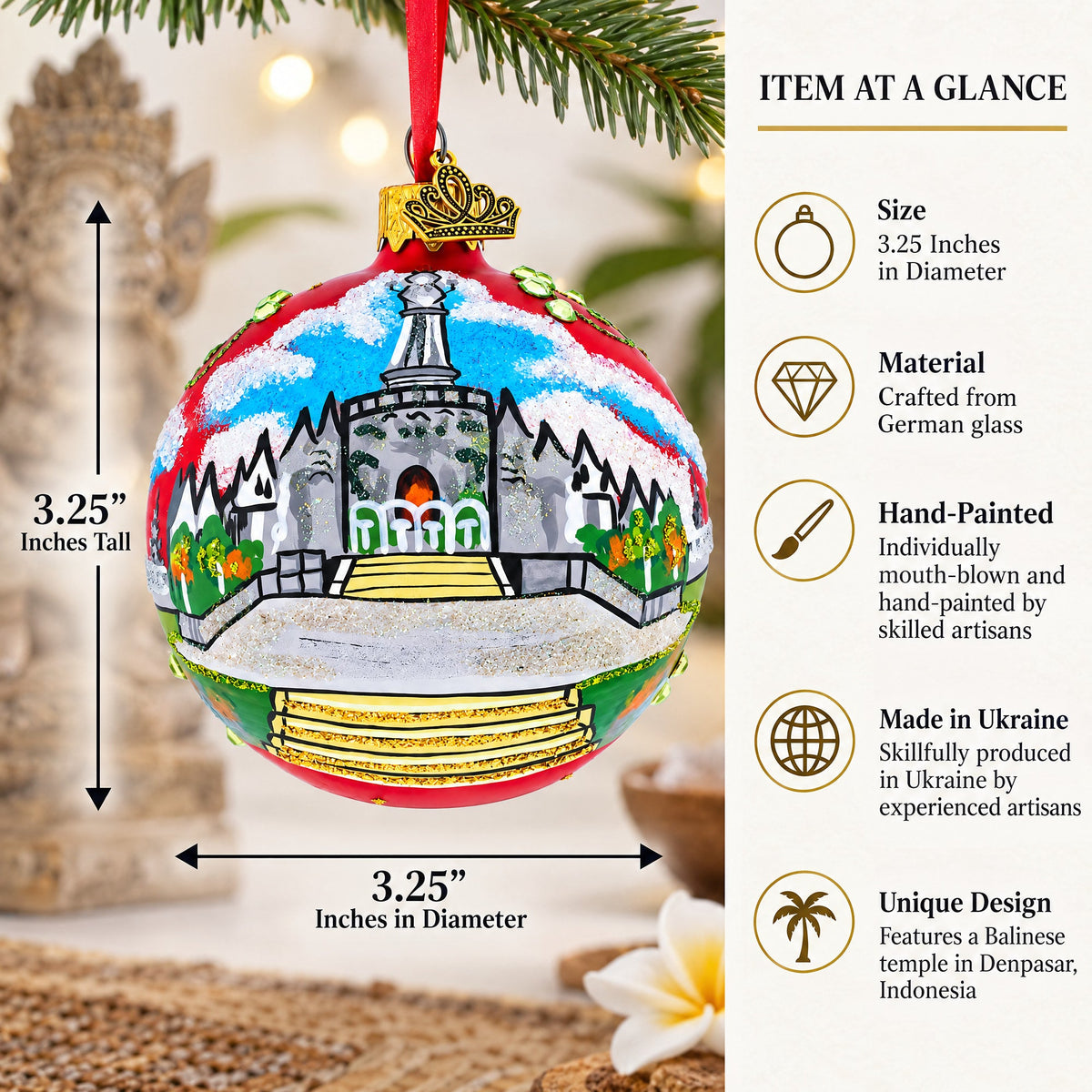 Balinese Temple, Denpasar, Indonesia Glass Ball Christmas Ornament 3.25 Inches