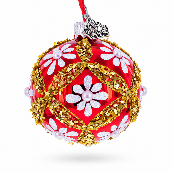 White Glitter Daisies and Pearls on Glossy Red with Gold Trim Glass Ball Christmas Ornament