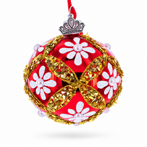 White Glitter Daisies and Pearls on Glossy Red with Gold Trim Glass Ball Christmas Ornament