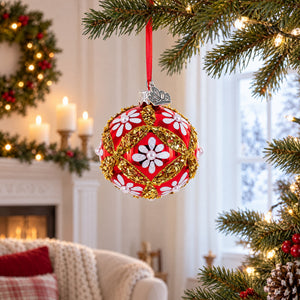White Glitter Daisies and Pearls on Glossy Red with Gold Trim Glass Ball Christmas Ornament