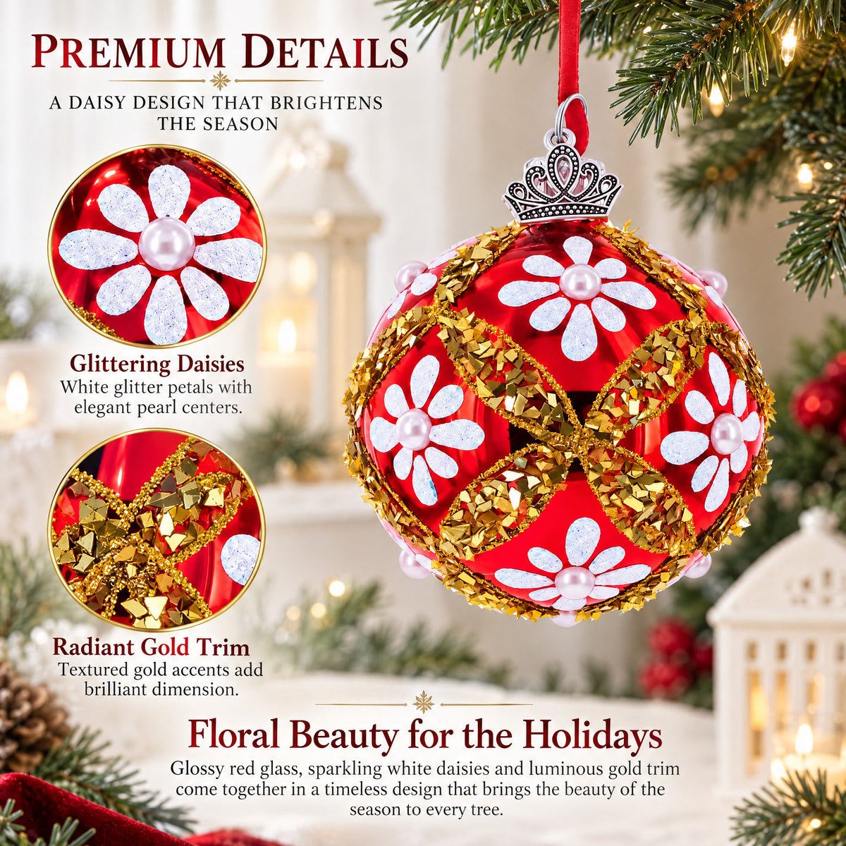 White Glitter Daisies and Pearls on Glossy Red with Gold Trim Glass Ball Christmas Ornament
