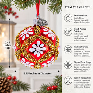 White Glitter Daisies and Pearls on Glossy Red with Gold Trim Glass Ball Christmas Ornament