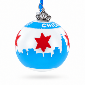 Chicago Skyline and Flag on Silver Glass Ball Christmas Ornament
